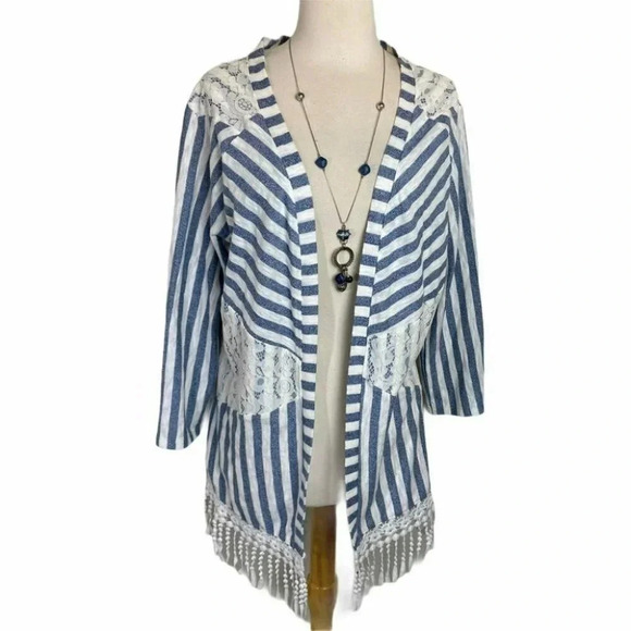Alberto Makali XL Blue/white stripe fringe kimono‎ - Picture 1 of 9